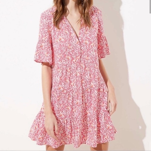 LOFT Dresses Loft Pink Bird Flounce Dress Poshmark